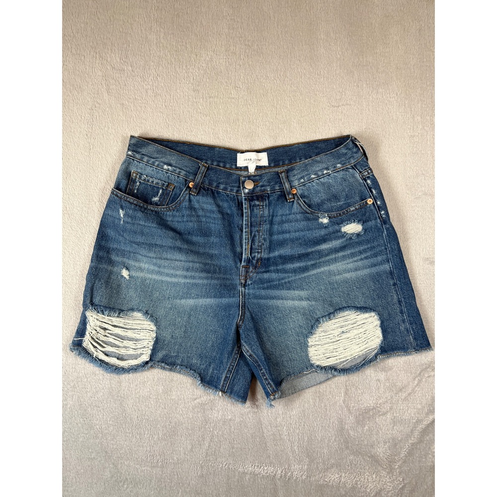 Dear John Distressed Denim Shorts Size 32 Button Fly Raw Hem Medium Wash Blue